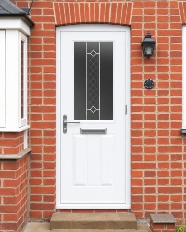 White uPVC panel entrance door with decorative glazing on a brick home