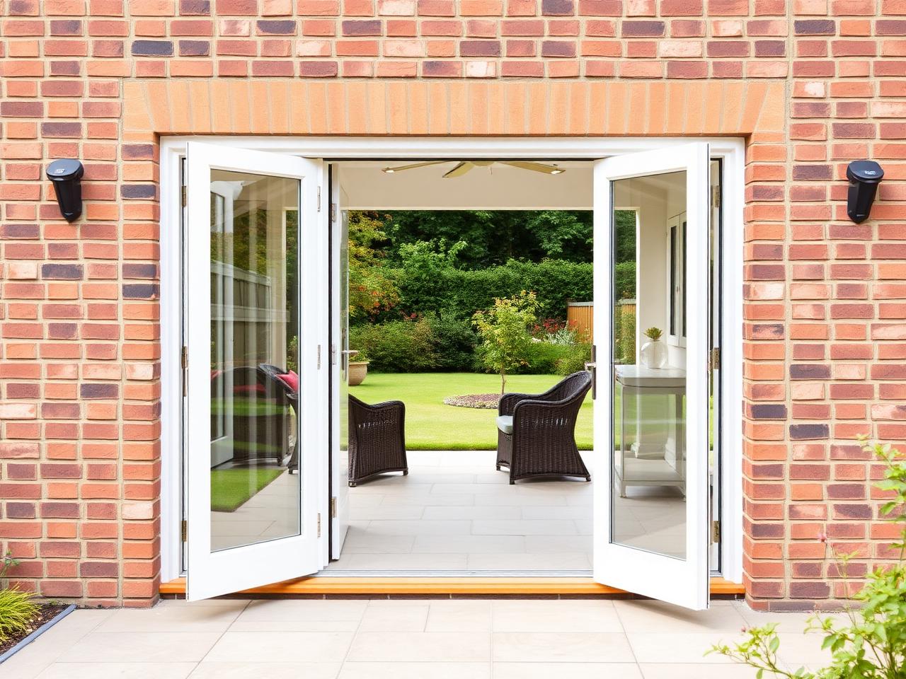 White uPVC French doors opening onto a garden patio